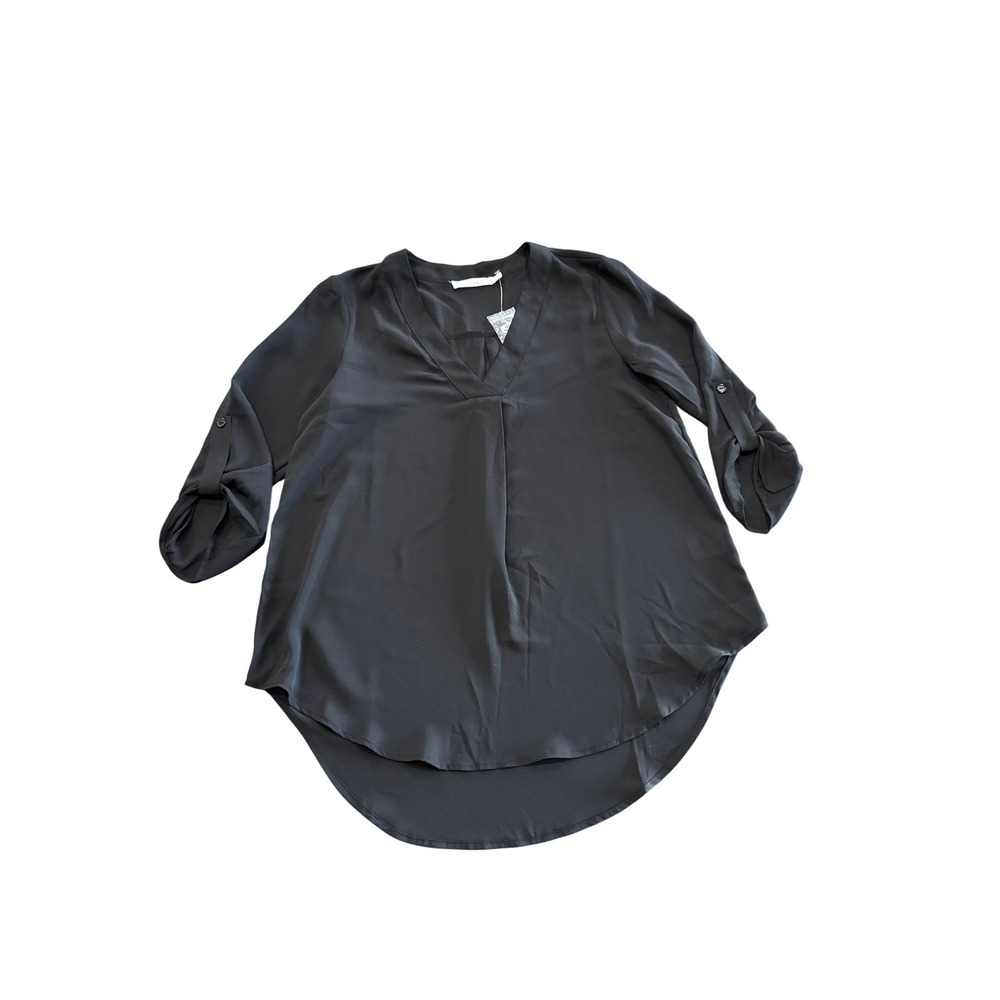 Lush Split Neck Roll Tab Hi Low Blouse Top Black Size XS Flowy Top